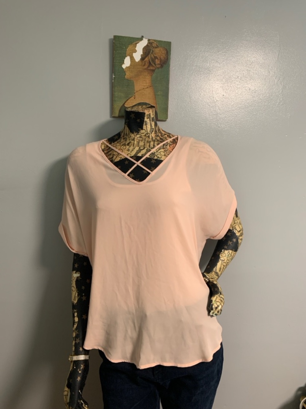Lush Soft Blush V-Neck Short Sleeve Top with Crisscross Detail